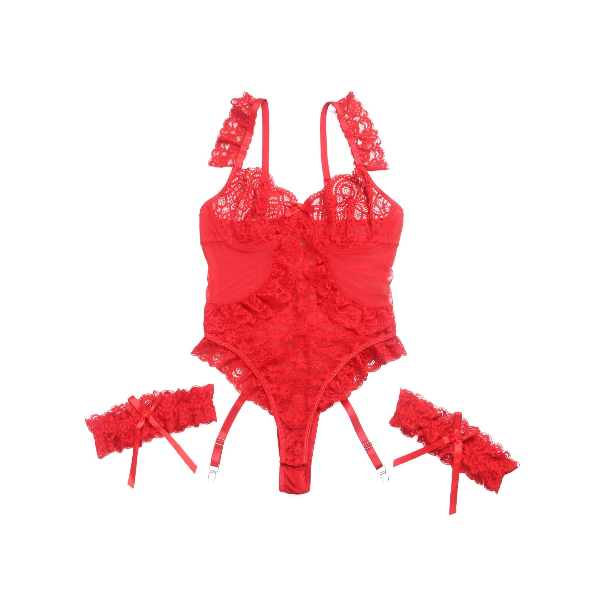 Red Lace & Mesh Teddy with 3D Floral Embroidery & Bow Garter - TeaseFashion