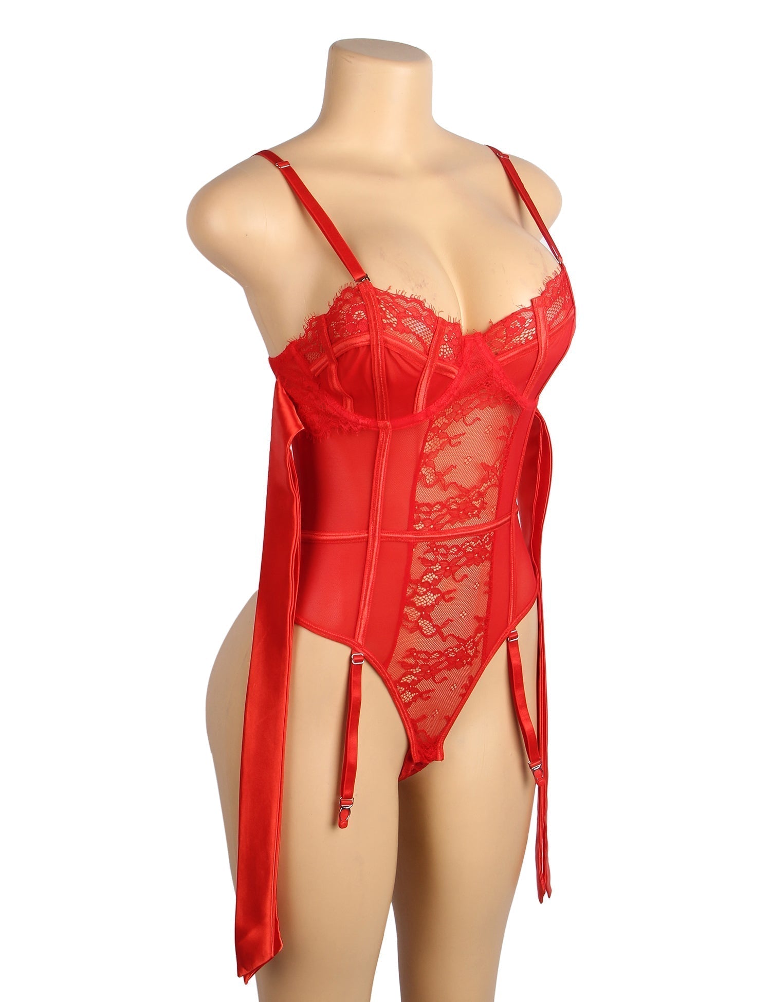 Red Lace Mesh Teddy with Bow Ties, Eyelash Lace & Garter - TeaseFashion