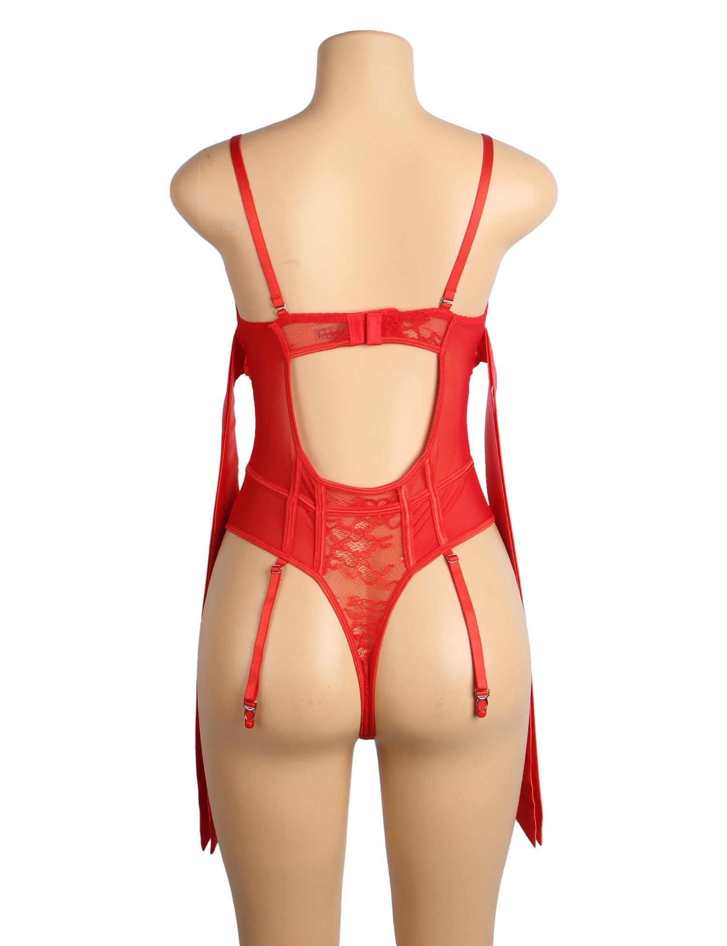 Red Lace Mesh Teddy with Bow Ties, Eyelash Lace & Garter - TeaseFashion