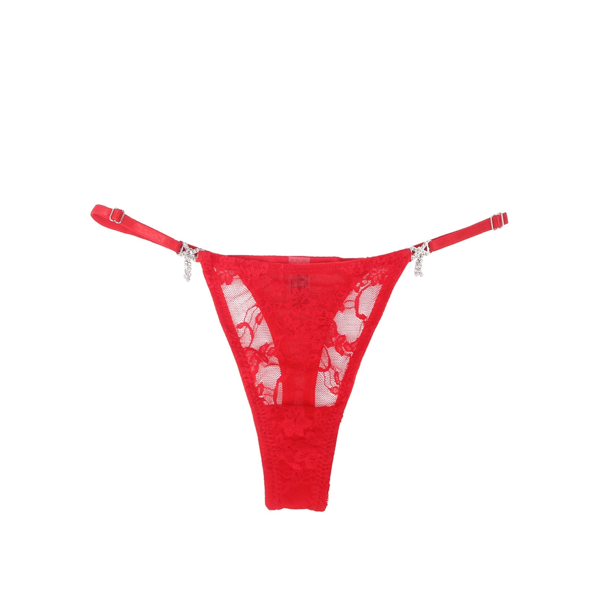 Red Lace Mesh Thong – Adjustable Waist & Rhinestone Bow Buttons - TeaseFashion