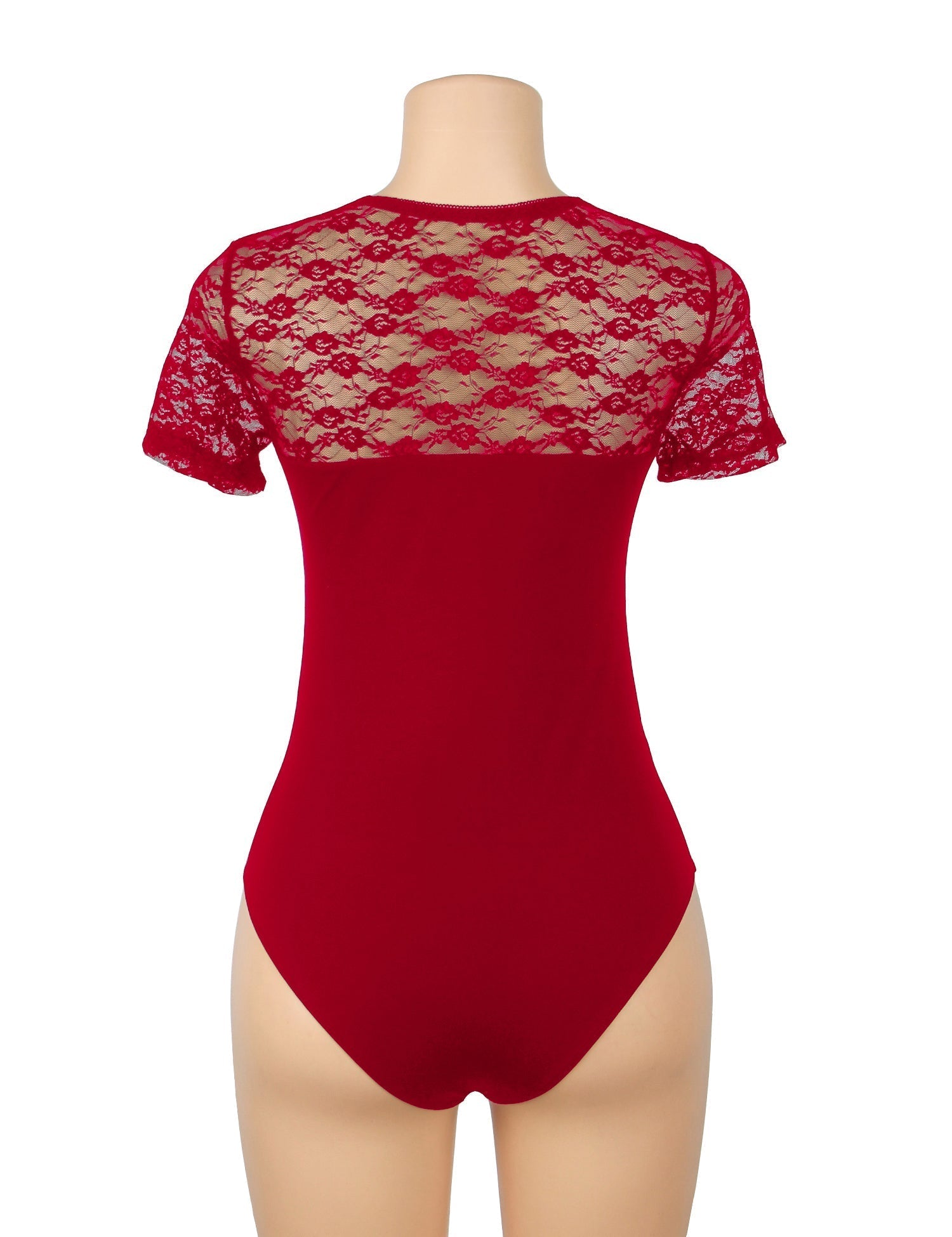Red Lace - Panel Short - Sleeve Round - Neck Snap - Crotch Bodysuit - TeaseFashion