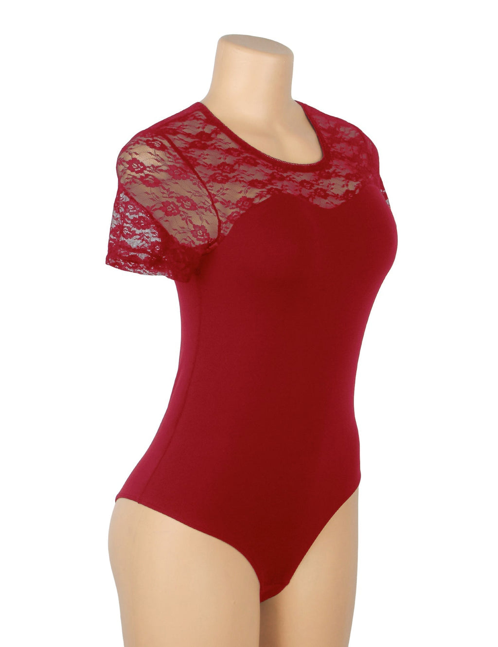 Red Lace - Panel Short - Sleeve Round - Neck Snap - Crotch Bodysuit - TeaseFashion