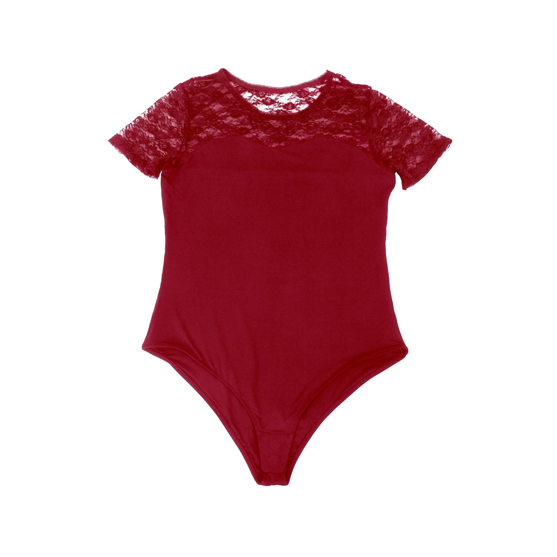 Red Lace - Panel Short - Sleeve Round - Neck Snap - Crotch Bodysuit - TeaseFashion