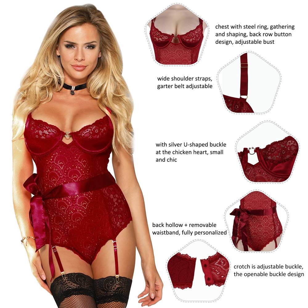 Red Lace Teddy with Garter Belt & Detachable Waist Belt - TeaseFashion