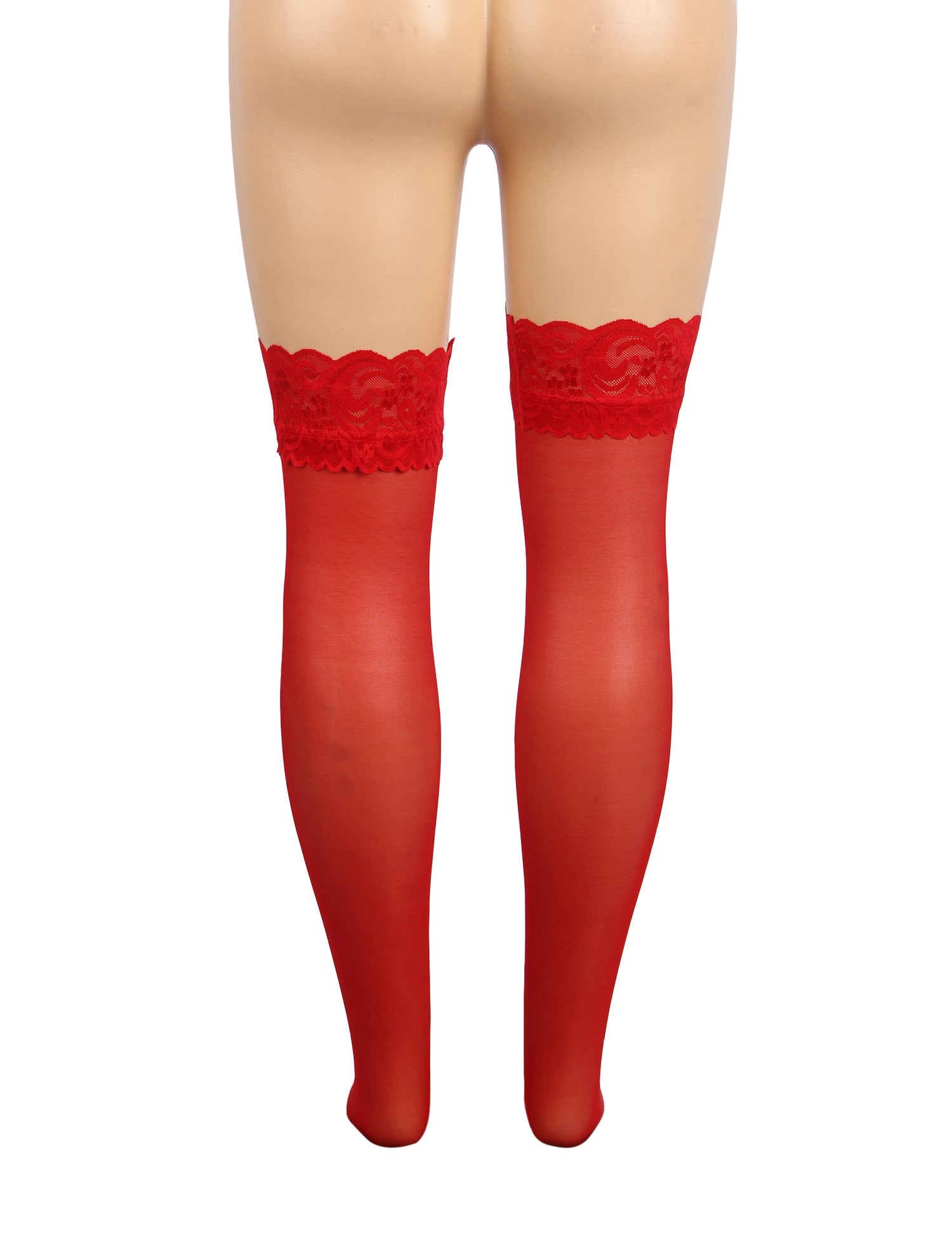 Red Lace - Trim Thigh - High Stockings with Anti - Slip Silicone Band - TeaseFashion