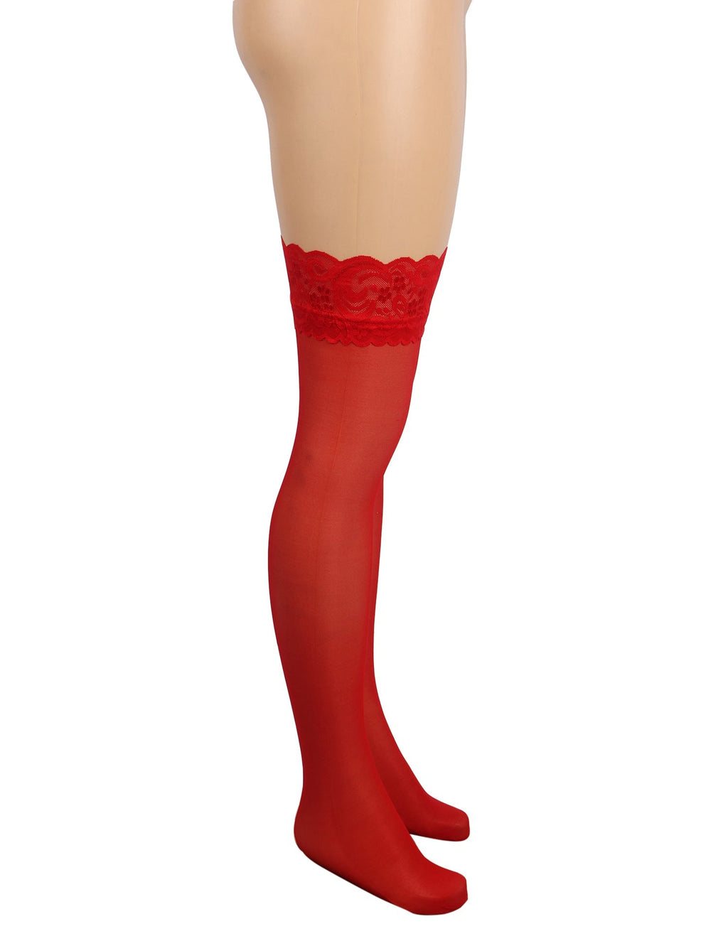 Red Lace - Trim Thigh - High Stockings with Anti - Slip Silicone Band - TeaseFashion