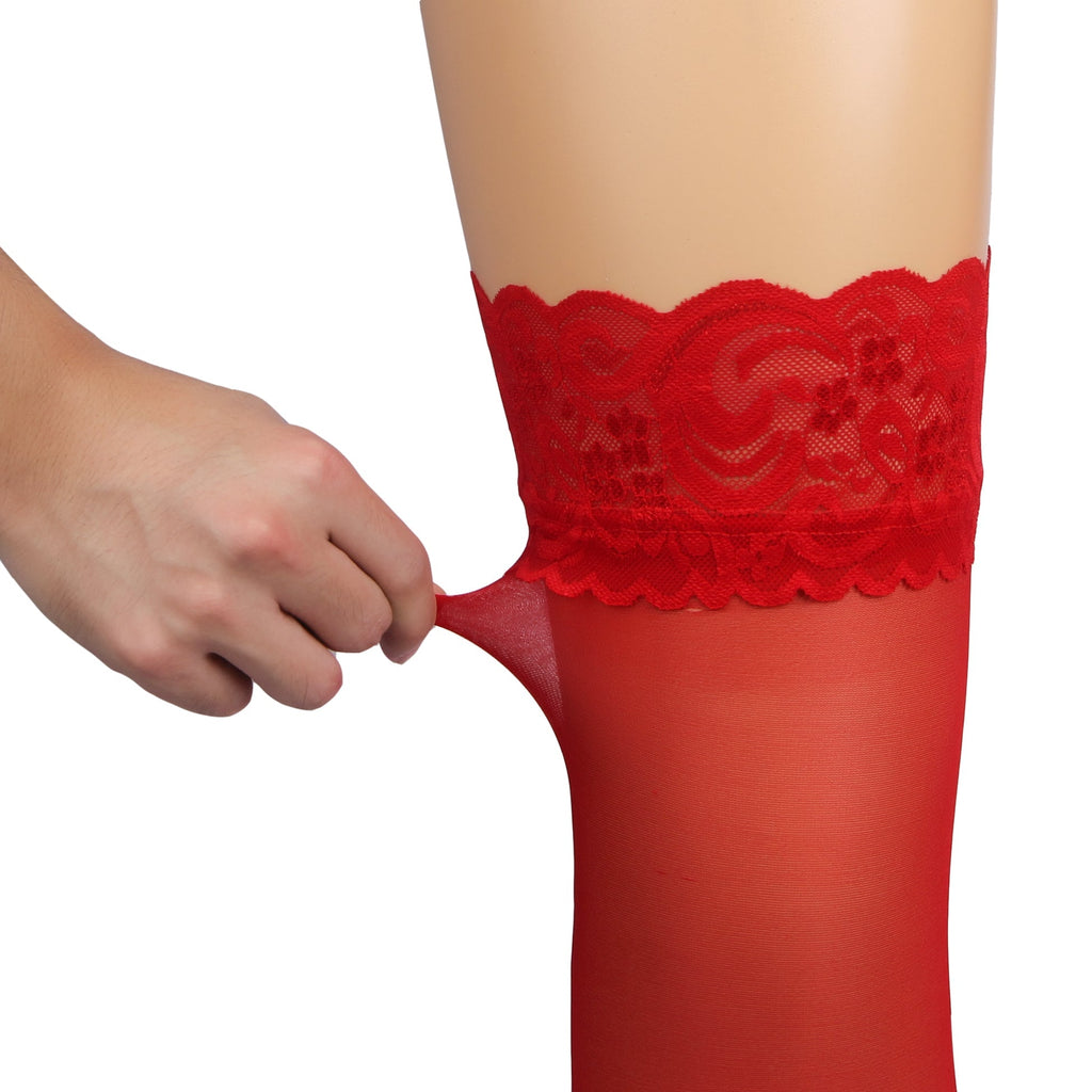 Red Lace - Trim Thigh - High Stockings with Anti - Slip Silicone Band - TeaseFashion