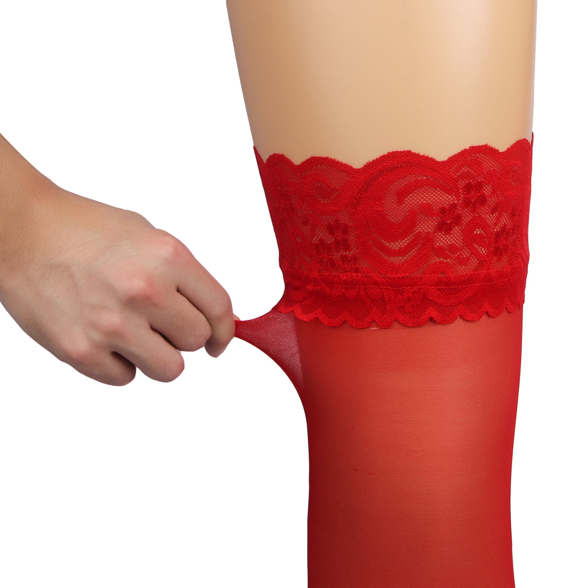 Red Lace - Trim Thigh - High Stockings with Anti - Slip Silicone Band - TeaseFashion