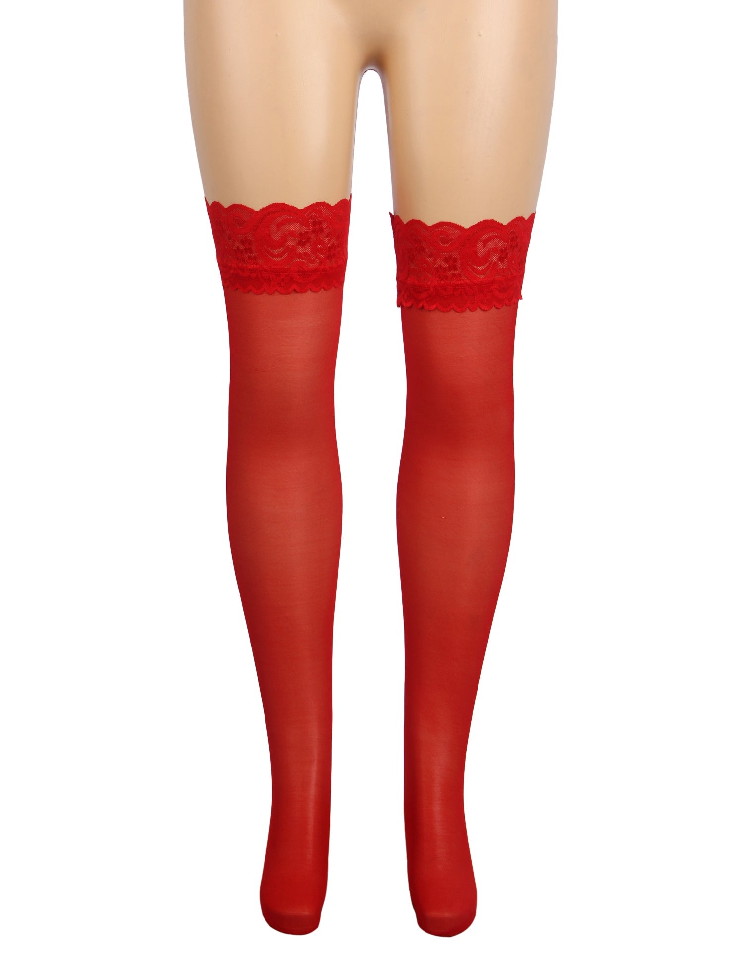 Red Lace - Trim Thigh - High Stockings with Anti - Slip Silicone Band - TeaseFashion