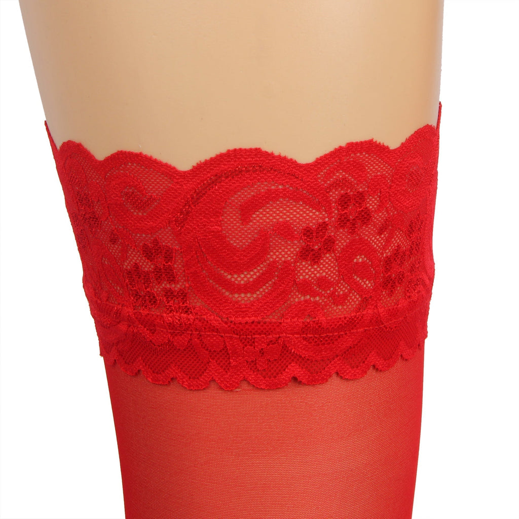 Red Lace - Trim Thigh - High Stockings with Anti - Slip Silicone Band - TeaseFashion