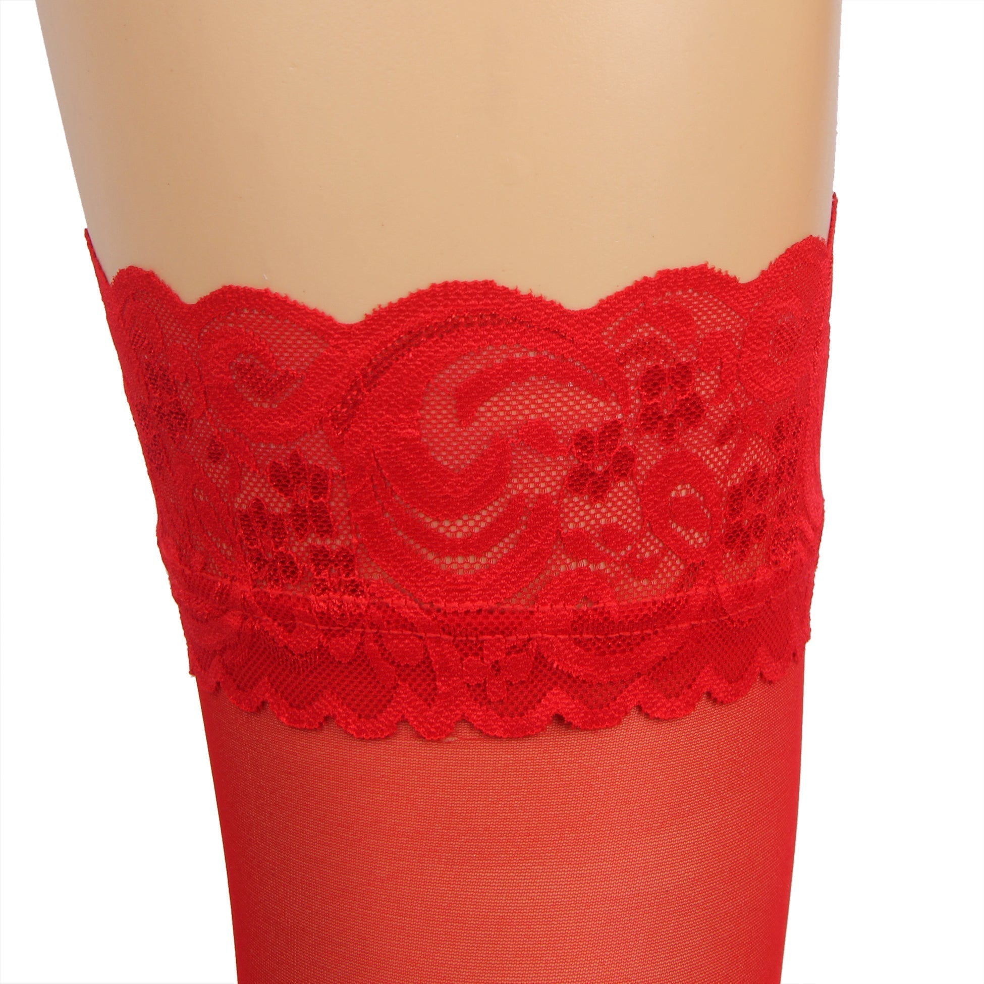 Red Lace - Trim Thigh - High Stockings with Anti - Slip Silicone Band - TeaseFashion