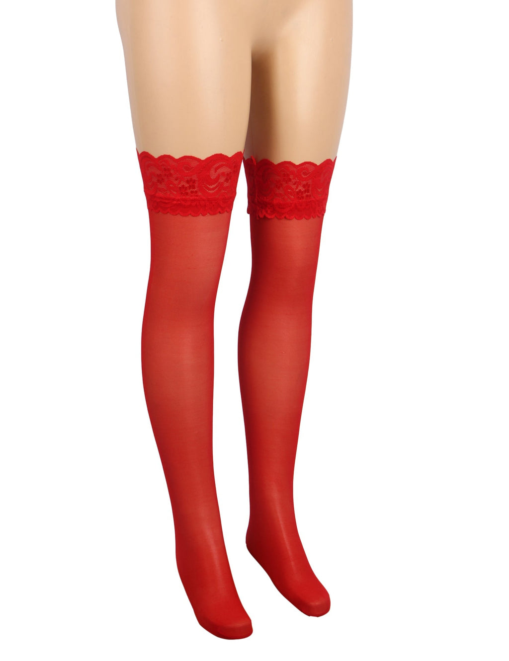 Red Lace - Trim Thigh - High Stockings with Anti - Slip Silicone Band - TeaseFashion