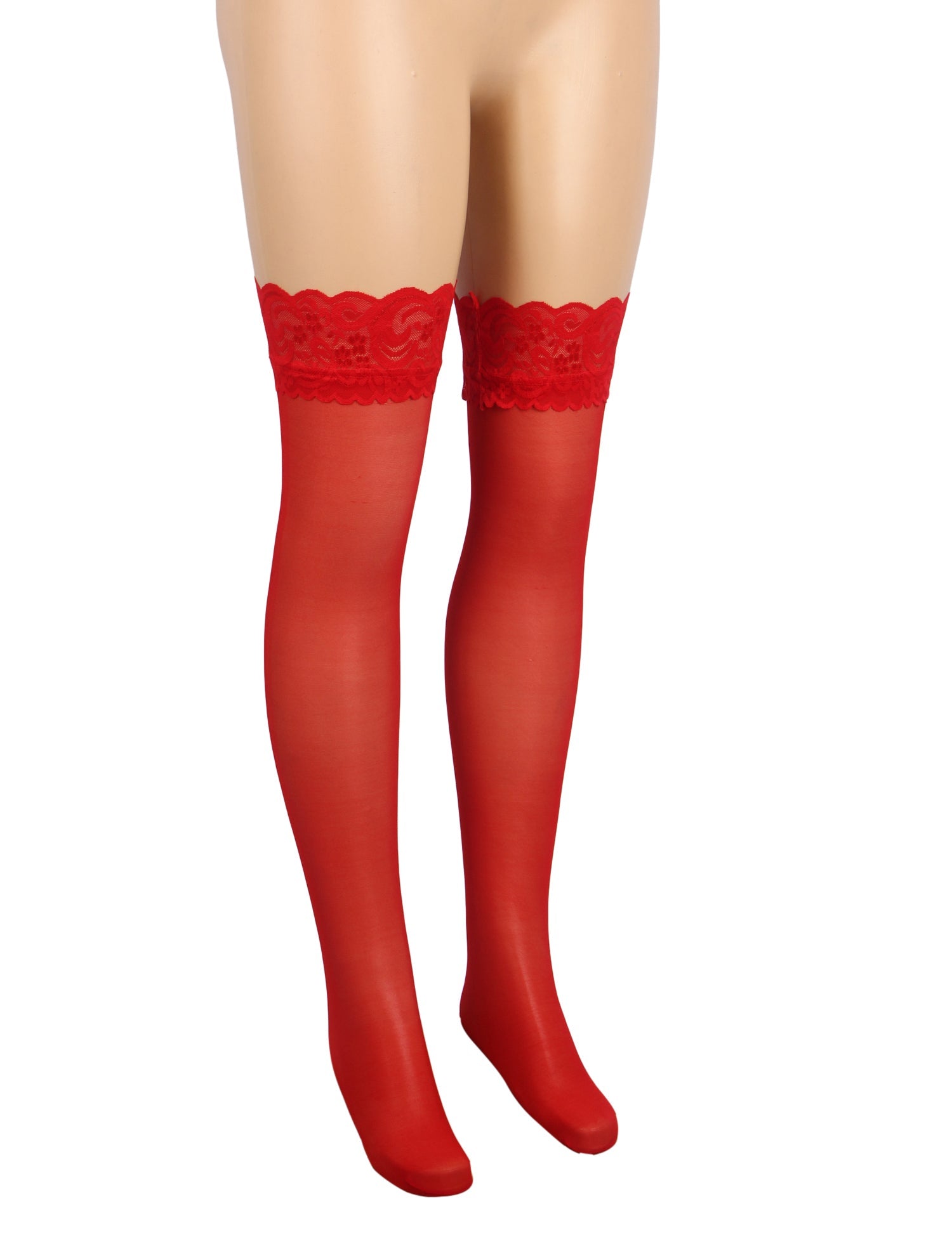 Red Lace - Trim Thigh - High Stockings with Anti - Slip Silicone Band - TeaseFashion