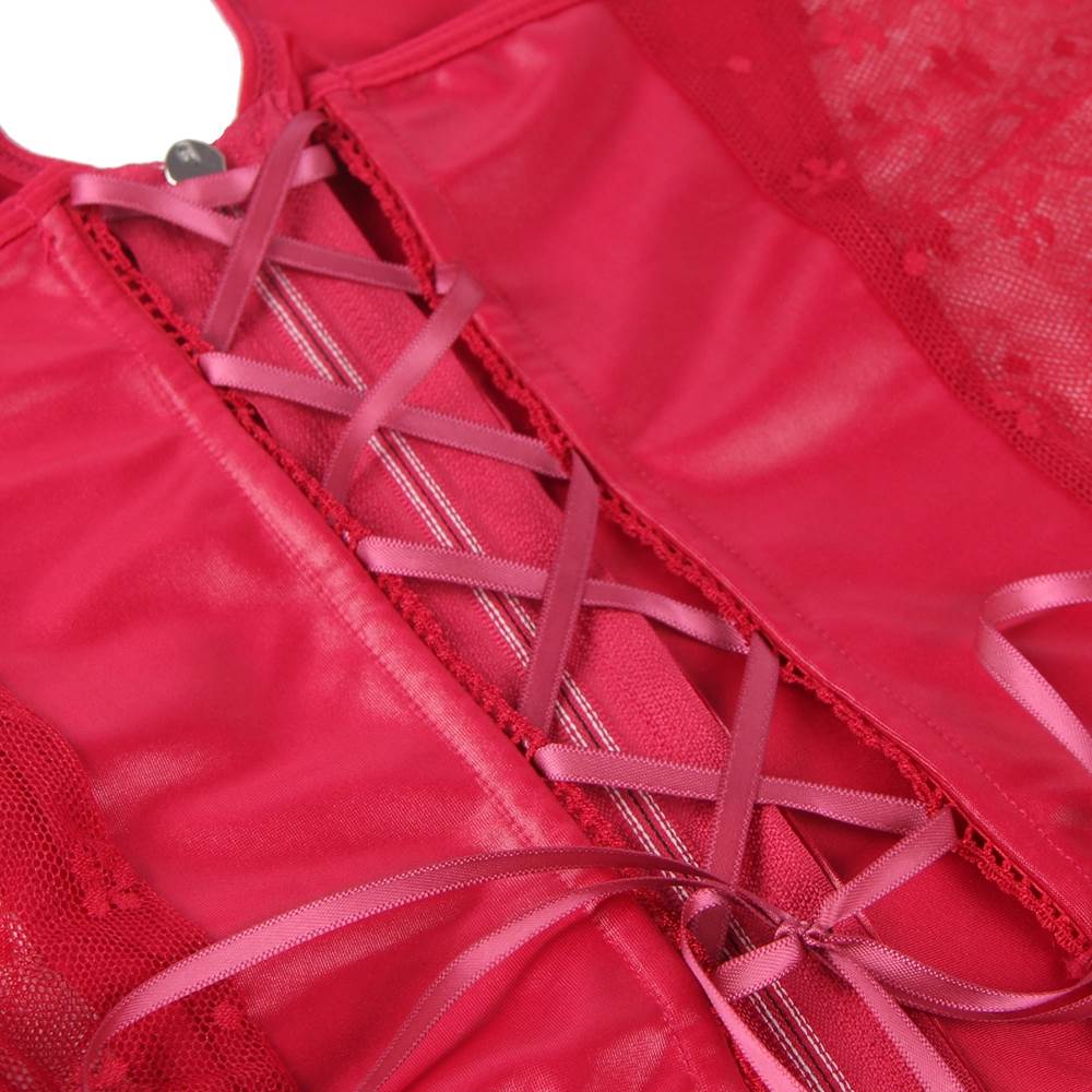 Red Leather Halter Lingerie Set – Silver Zipper, Criss-Cross Back, Ruffled Lace Skirt & Detachable Garter Straps - TEASEFASHION