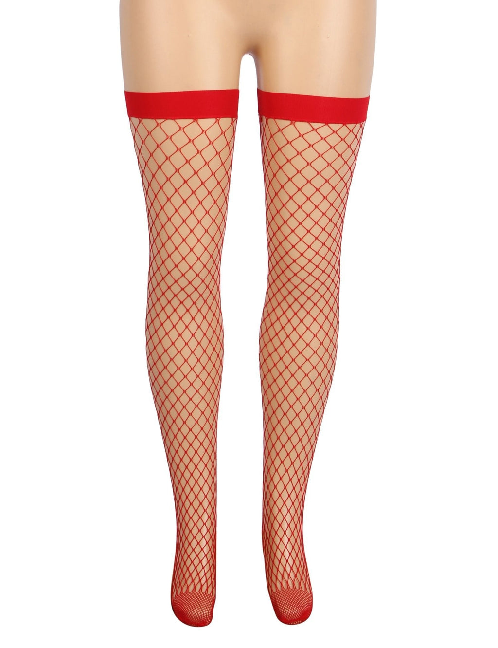 Red Medium - Mesh Fishnet Thigh - High Stockings with Anti - Roll Cuff - TeaseFashion