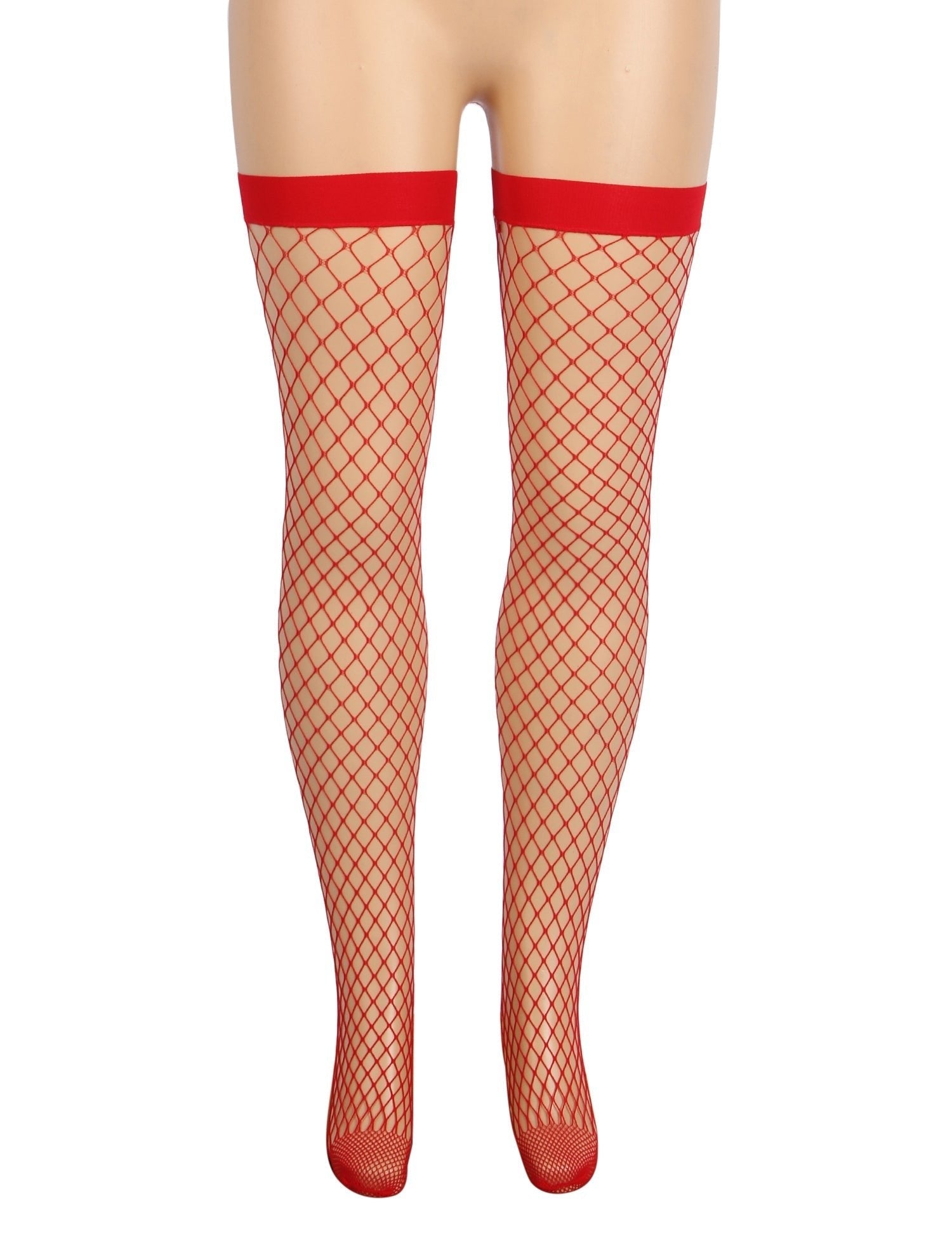 Red Medium - Mesh Fishnet Thigh - High Stockings with Anti - Roll Cuff - TeaseFashion