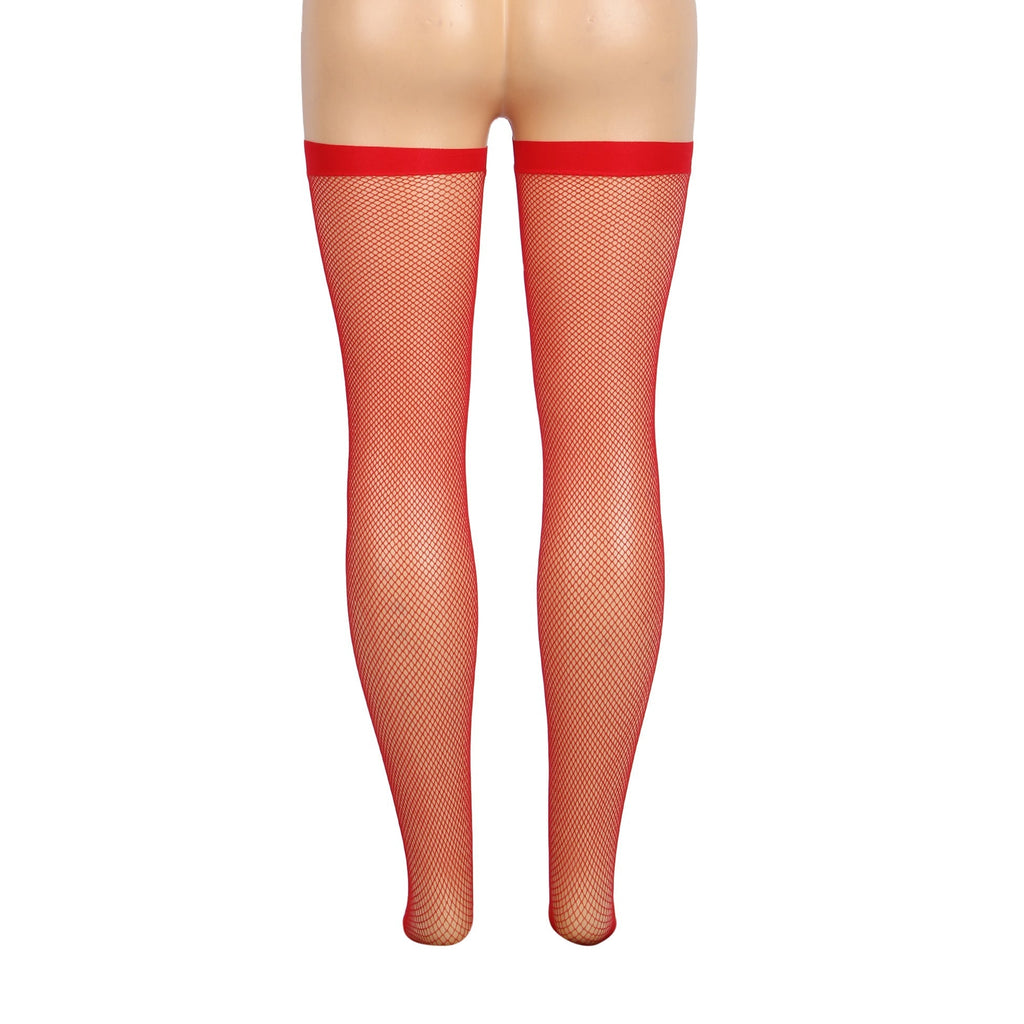 Red Medium - Mesh Fishnet Thigh - High Stockings with Anti - Roll Cuff - TeaseFashion