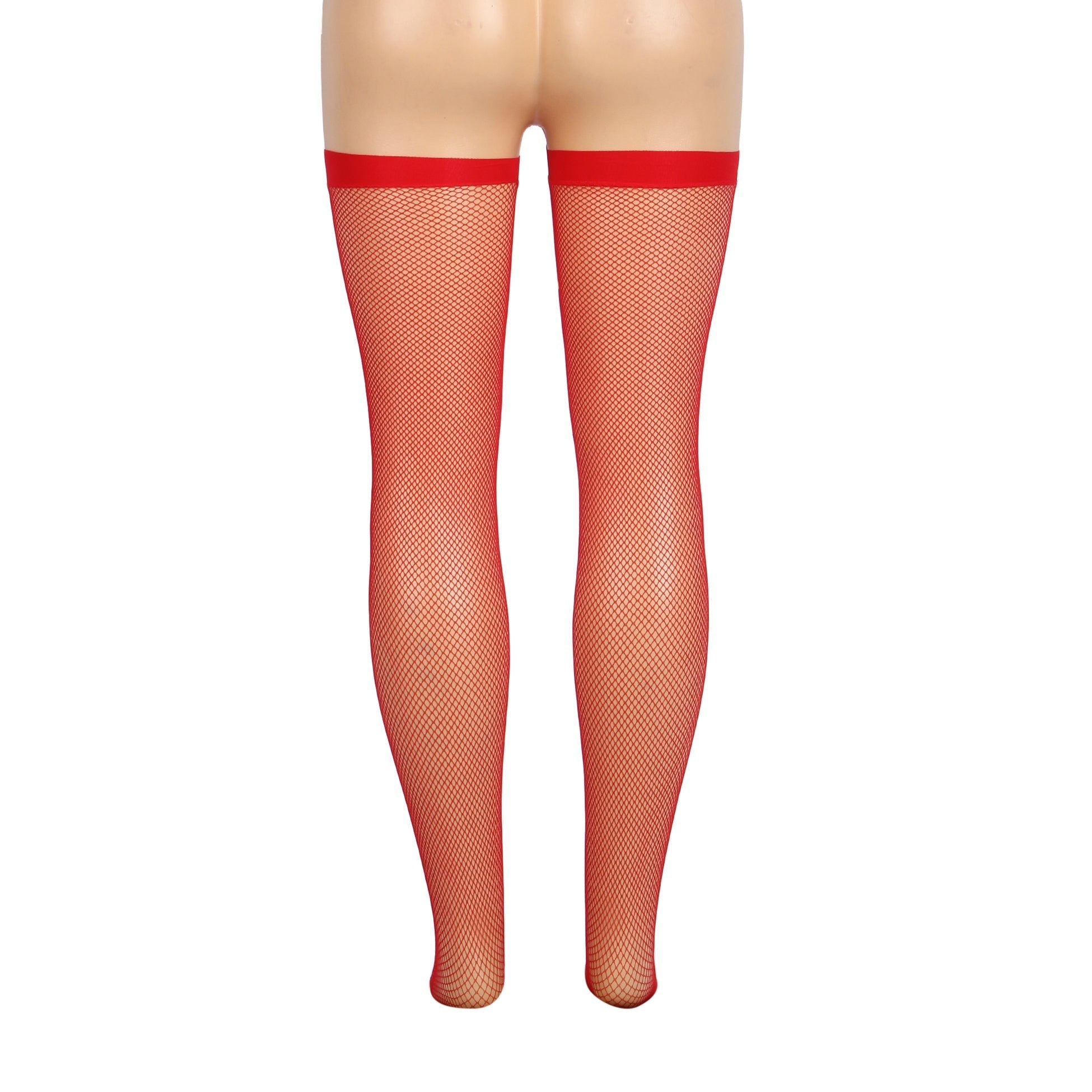 Red Medium - Mesh Fishnet Thigh - High Stockings with Anti - Roll Cuff - TeaseFashion