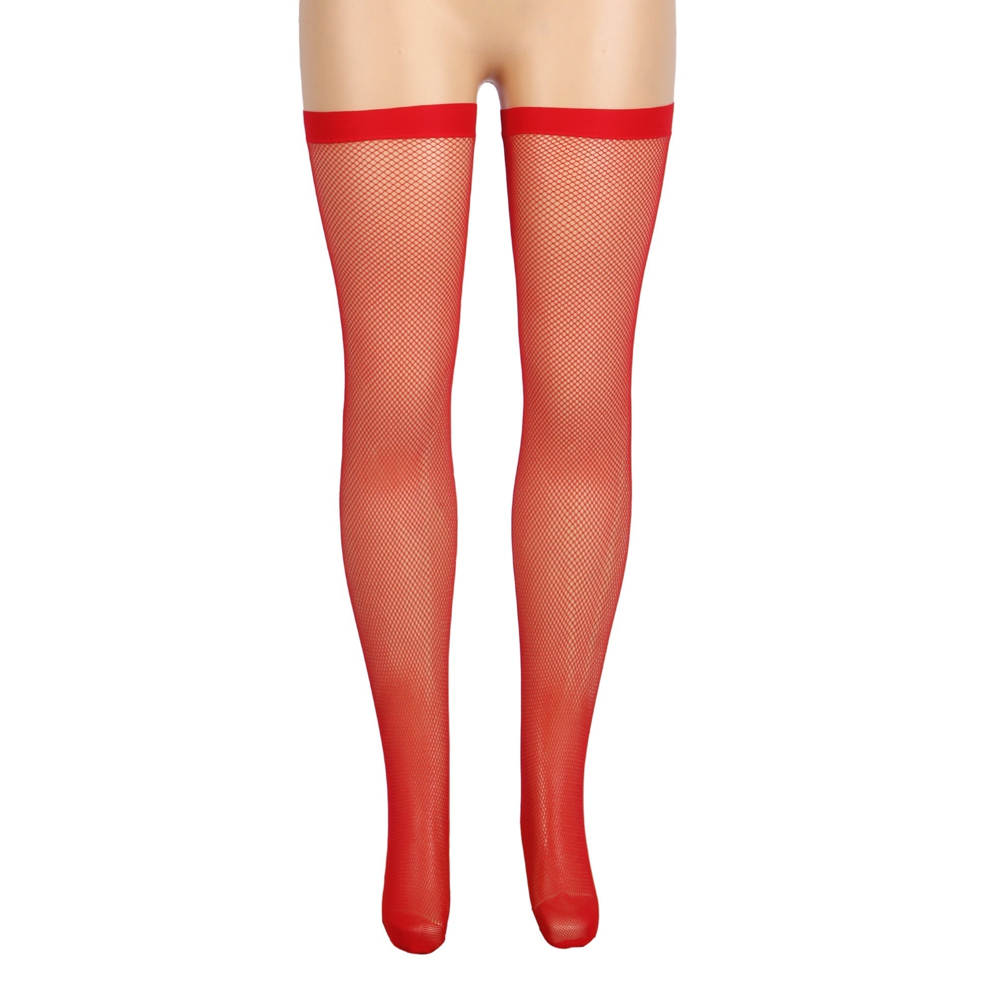 Red Medium - Mesh Fishnet Thigh - High Stockings with Anti - Roll Cuff - TeaseFashion