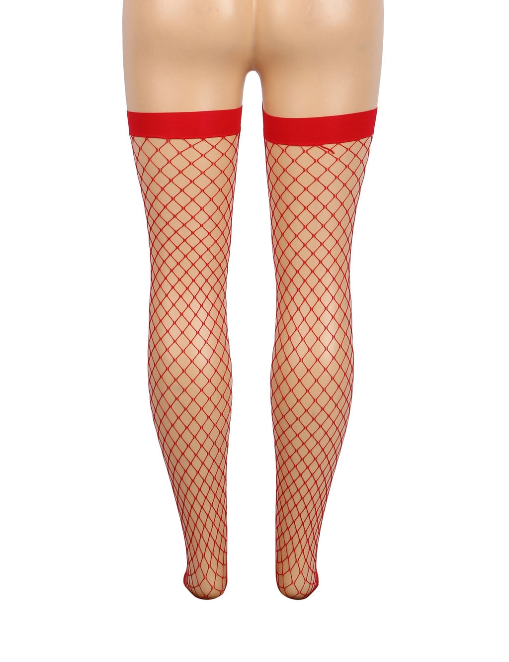 Red Medium - Mesh Fishnet Thigh - High Stockings with Anti - Roll Cuff - TeaseFashion