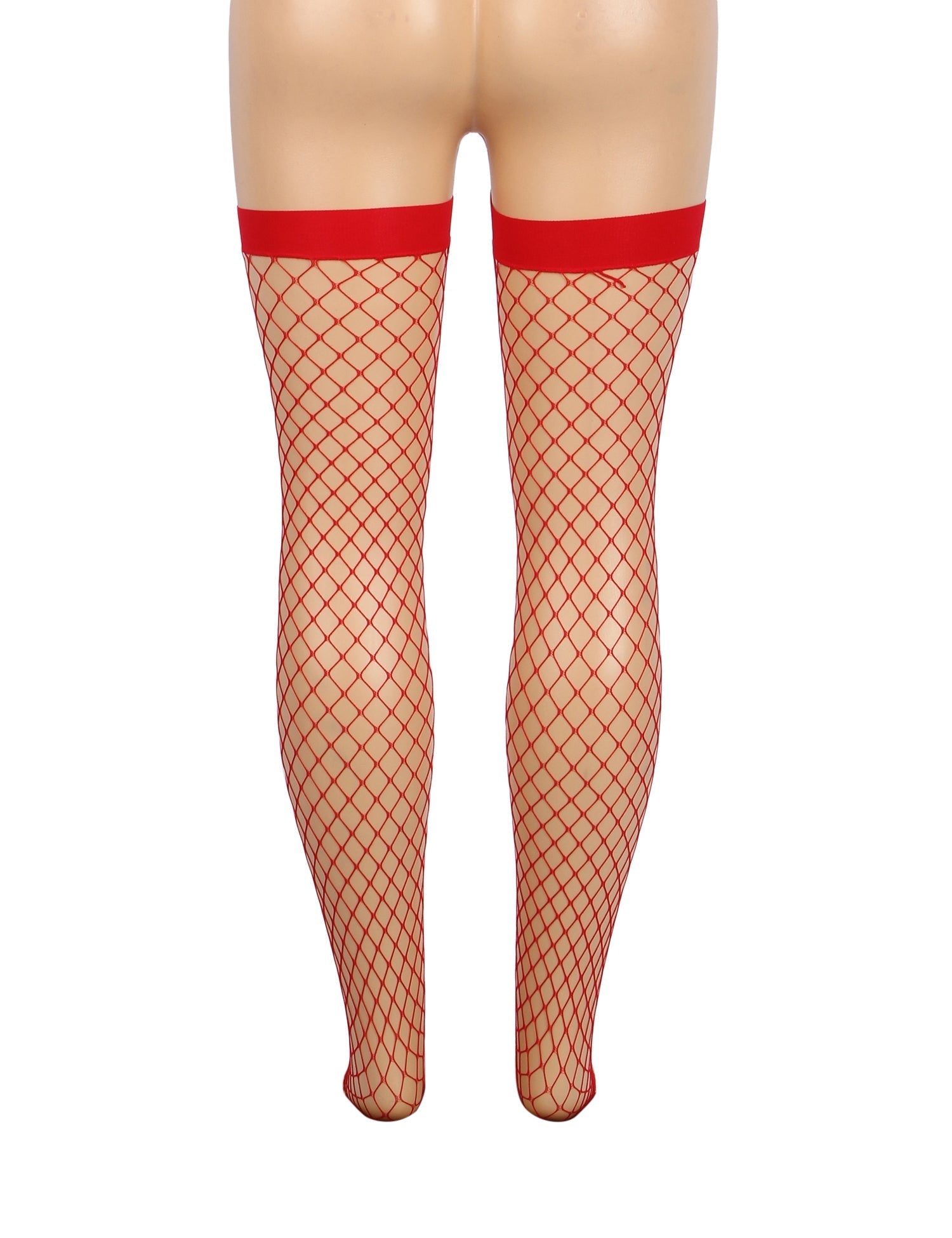 Red Medium - Mesh Fishnet Thigh - High Stockings with Anti - Roll Cuff - TeaseFashion
