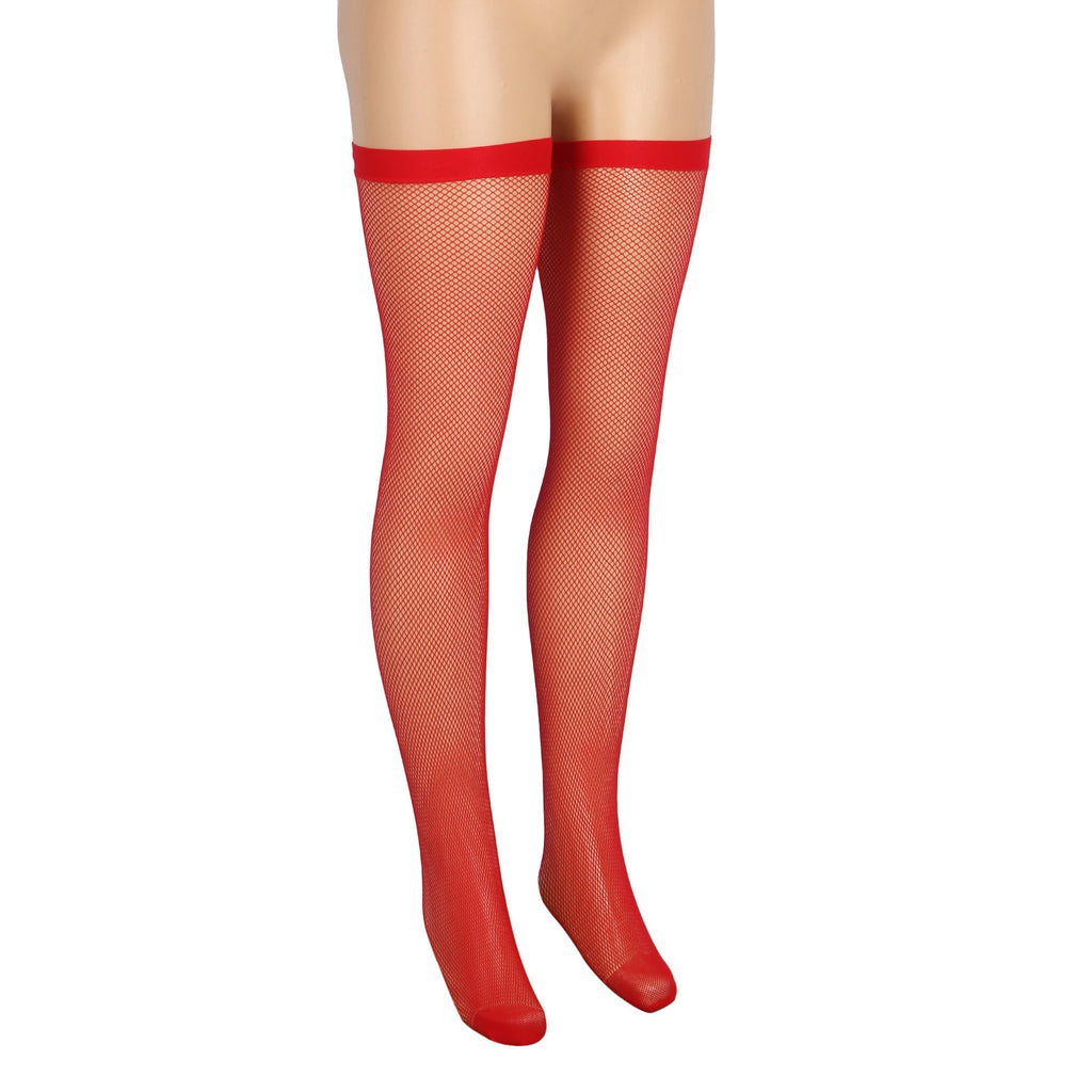 Red Medium - Mesh Fishnet Thigh - High Stockings with Anti - Roll Cuff - TeaseFashion