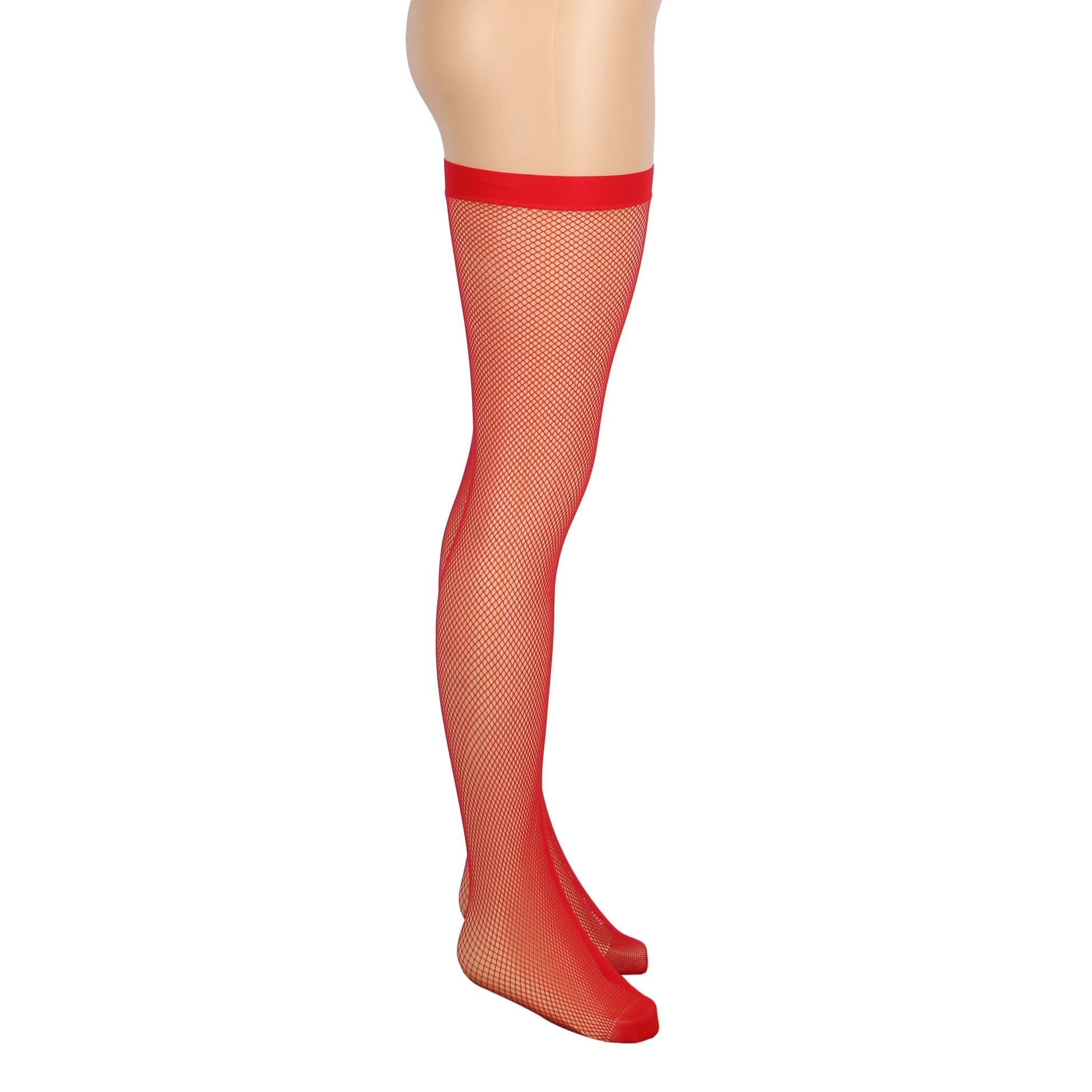 Red Medium - Mesh Fishnet Thigh - High Stockings with Anti - Roll Cuff - TeaseFashion