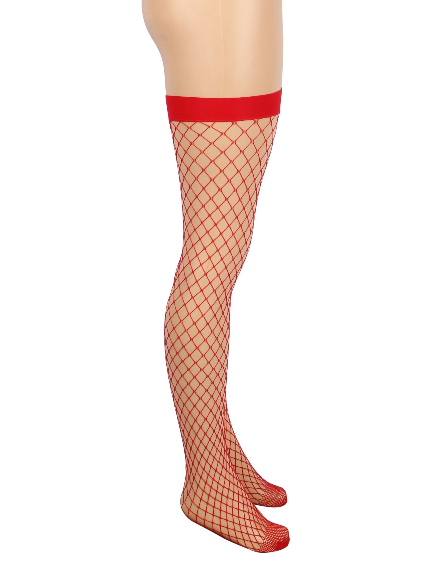 Red Medium - Mesh Fishnet Thigh - High Stockings with Anti - Roll Cuff - TeaseFashion