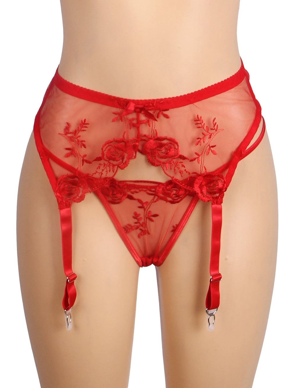 Red Mesh & 3D Embroidery Garter Panty Set with Waist Button - TeaseFashion