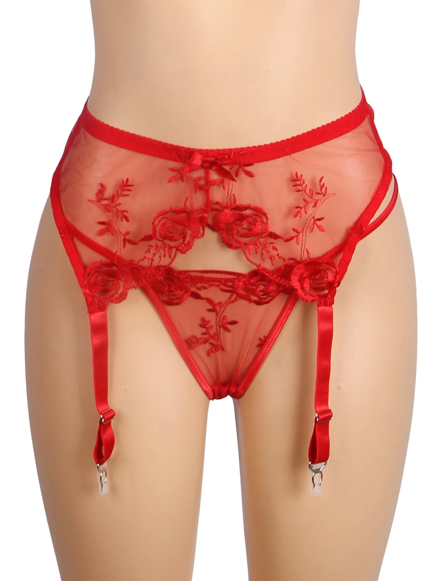 Red Mesh & 3D Embroidery Garter Panty Set with Waist Button - TeaseFashion
