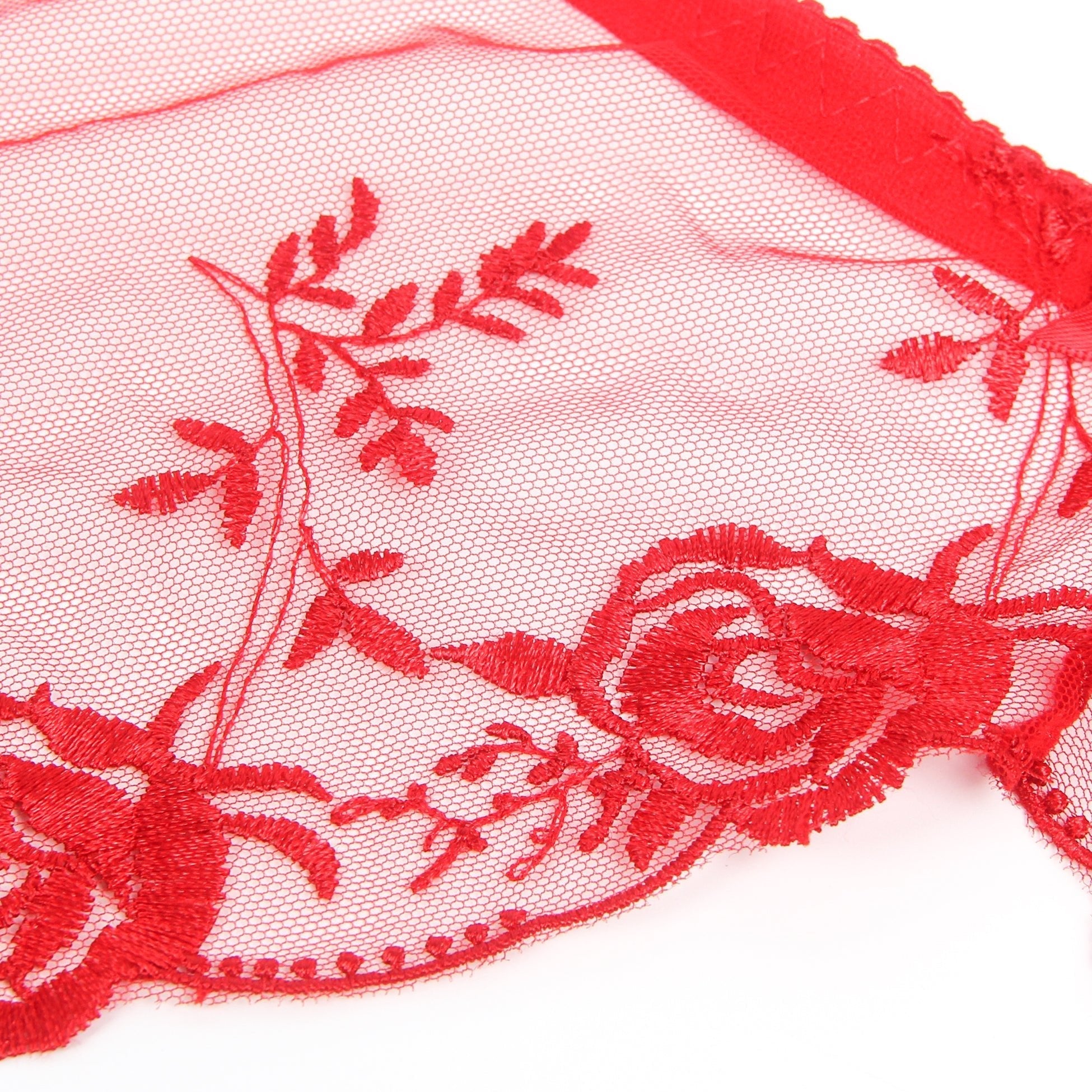 Red Mesh & 3D Embroidery Garter Panty Set with Waist Button - TeaseFashion