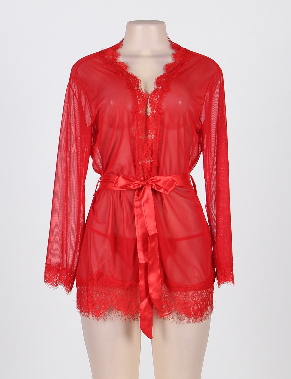 Red Mesh Babydoll Robe – Long Sleeve, Eyelash Lace Trim, Faux Silk Belt & Matching Thong - TeaseFashion