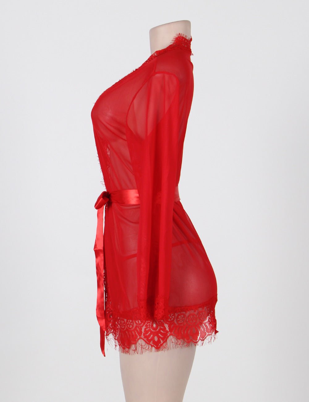 Red Mesh Babydoll Robe – Long Sleeve, Eyelash Lace Trim, Faux Silk Belt & Matching Thong - TeaseFashion