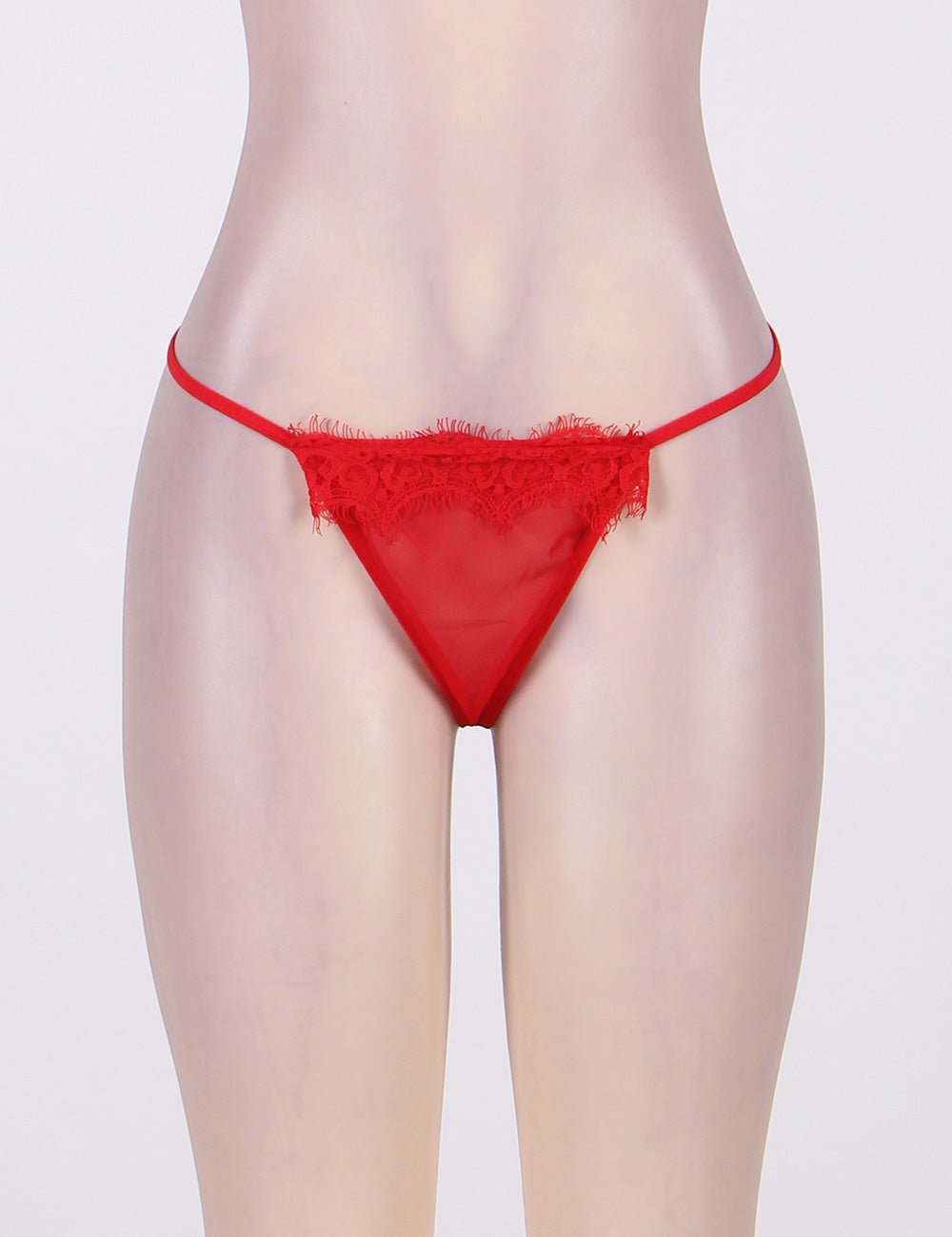 Red Mesh Babydoll Robe – Long Sleeve, Eyelash Lace Trim, Faux Silk Belt & Matching Thong - TeaseFashion