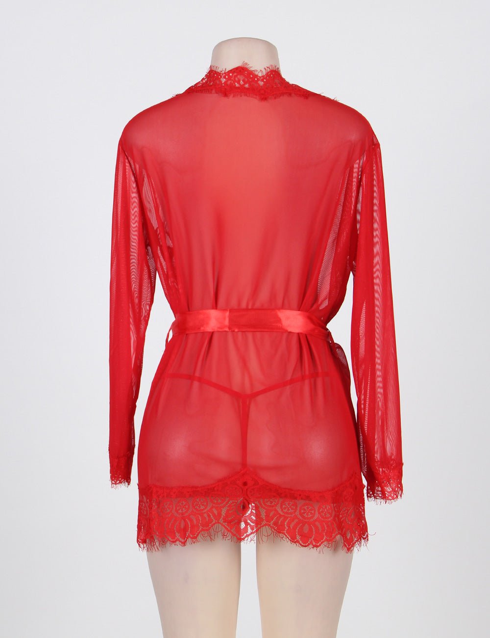 Red Mesh Babydoll Robe – Long Sleeve, Eyelash Lace Trim, Faux Silk Belt & Matching Thong - TeaseFashion