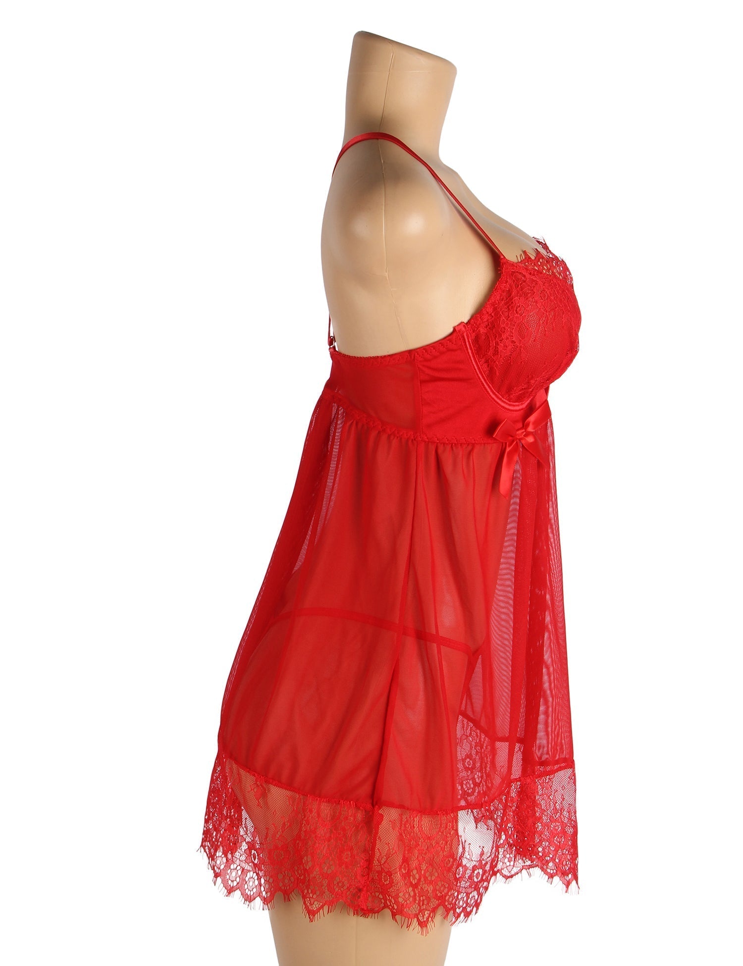 Red Mesh Babydoll with Underwire & Padding, Cross - Back, Eyelash Lace Chest & Hem, Bust Bow & T - Pants Set - TeaseFashion