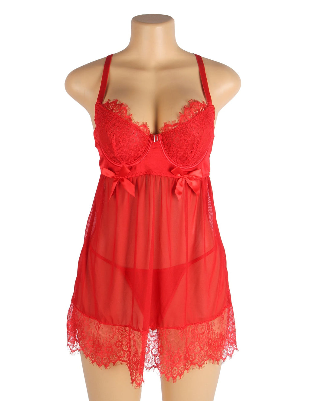 Red Mesh Babydoll with Underwire & Padding, Cross - Back, Eyelash Lace Chest & Hem, Bust Bow & T - Pants Set - TeaseFashion