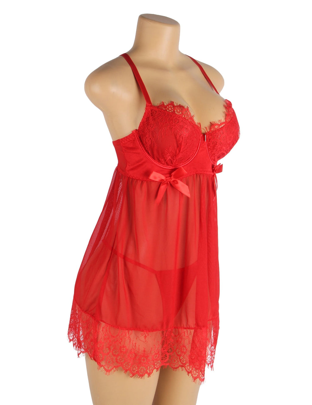 Red Mesh Babydoll with Underwire & Padding, Cross - Back, Eyelash Lace Chest & Hem, Bust Bow & T - Pants Set - TeaseFashion