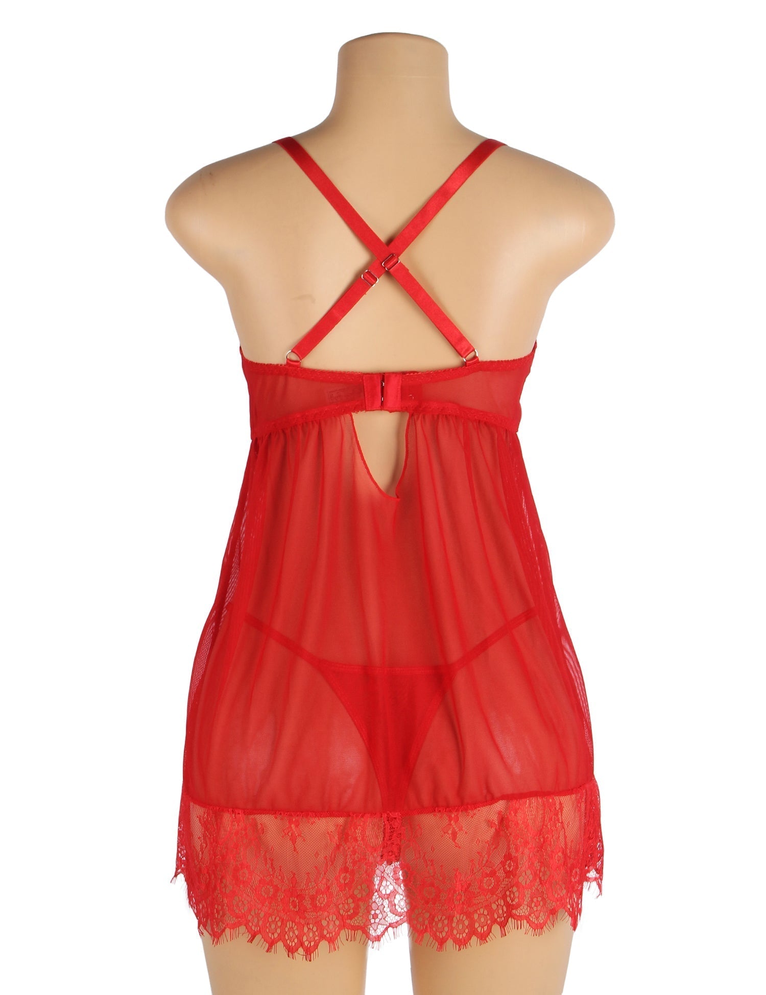 Red Mesh Babydoll with Underwire & Padding, Cross - Back, Eyelash Lace Chest & Hem, Bust Bow & T - Pants Set - TeaseFashion