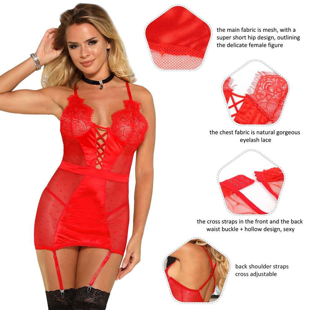 Red Mesh Eyelash Lace Garter Lingerie Set – Criss - Cross Front Straps, Hollow - Out Back, Crossover Shoulder Straps & G - String Included - TeaseFashion