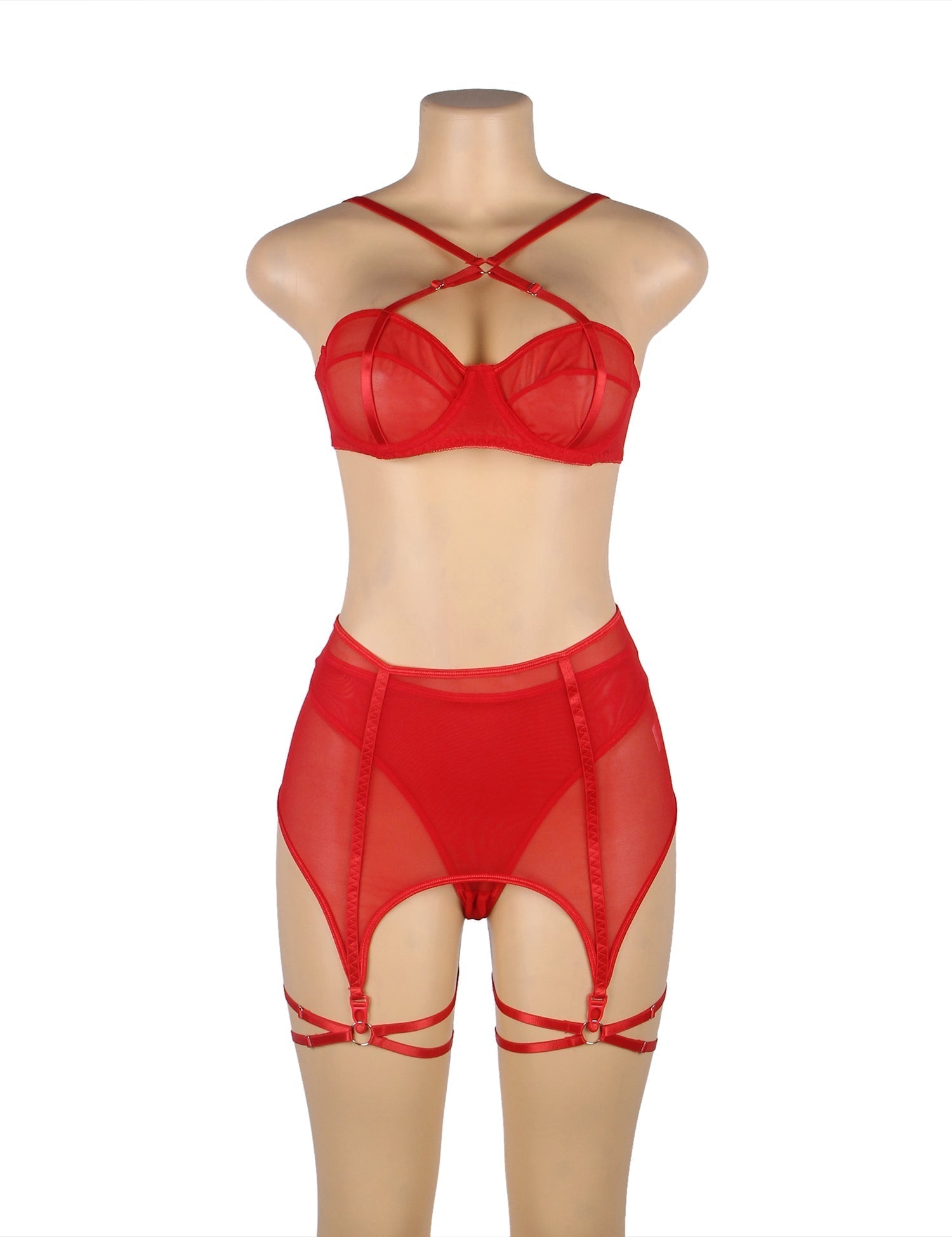 Red Mesh Garter Lingerie Set – Cross Straps, Detachable Leg Rings & Underwire - TeaseFashion