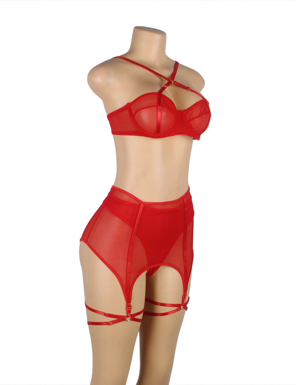 Red Mesh Garter Lingerie Set – Cross Straps, Detachable Leg Rings & Underwire - TeaseFashion