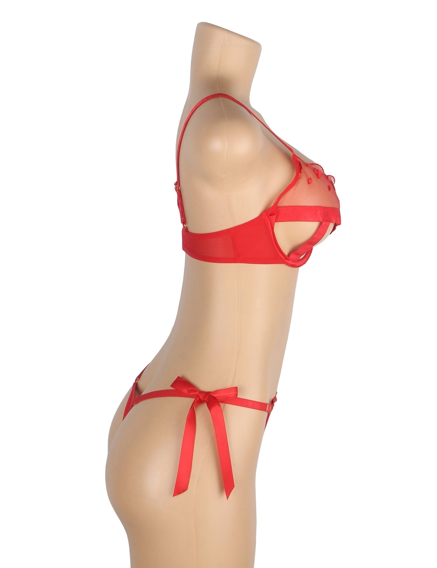 Red Mesh Heart Embroidery Bra Set – Underwire & Bow Detail - TeaseFashion