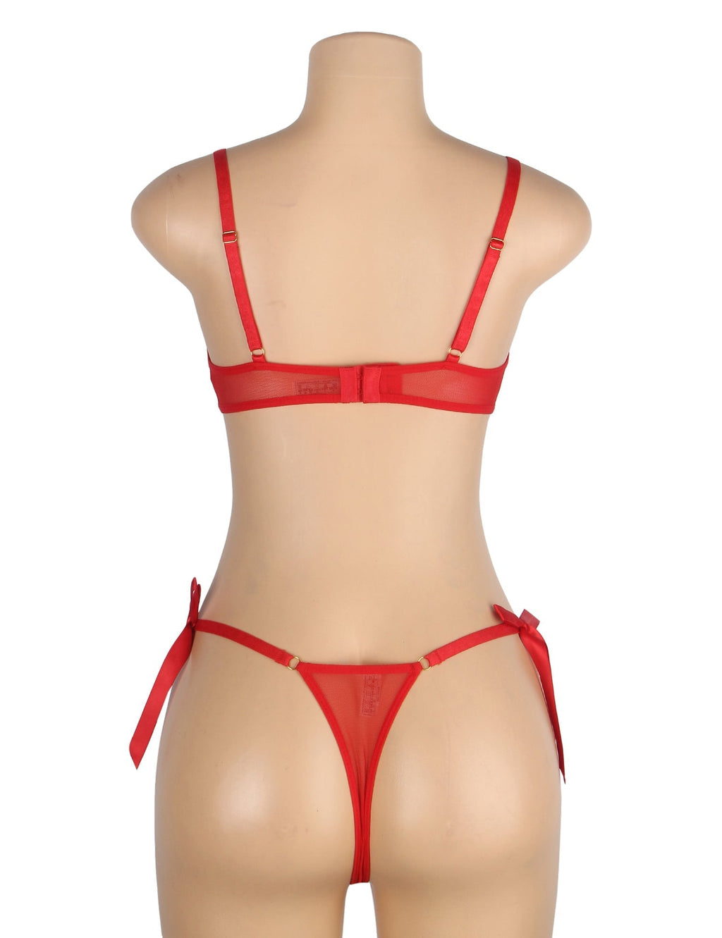 Red Mesh Heart Embroidery Bra Set – Underwire & Bow Detail - TeaseFashion