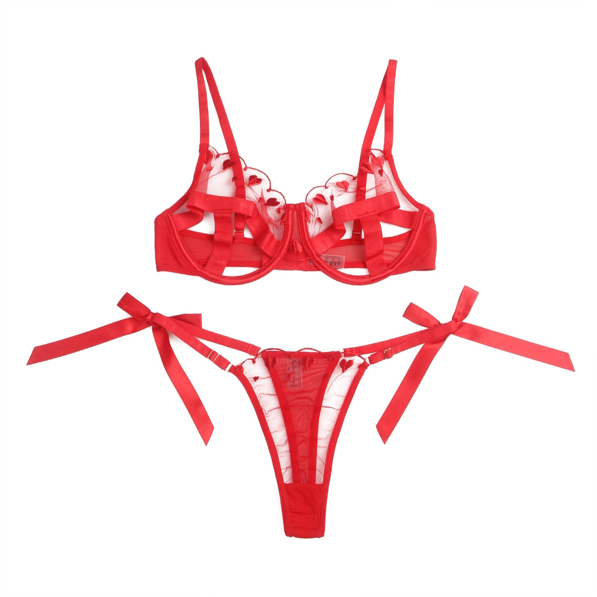Red Mesh Heart Embroidery Bra Set – Underwire & Bow Detail - TeaseFashion