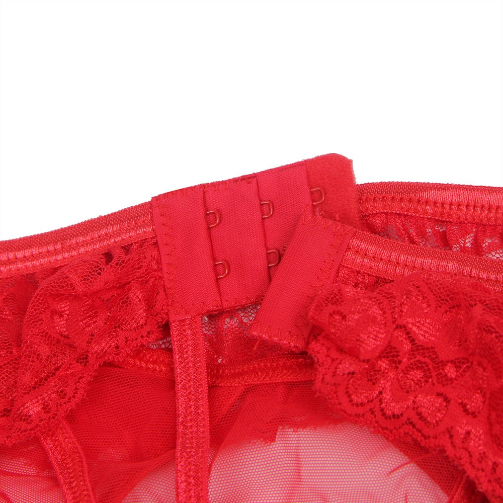 Red Mesh Lace Garter Panty – Lace Waistband, Adjustable Back Closure, Four Elastic Garter Straps & Thong - Style Back - TeaseFashion