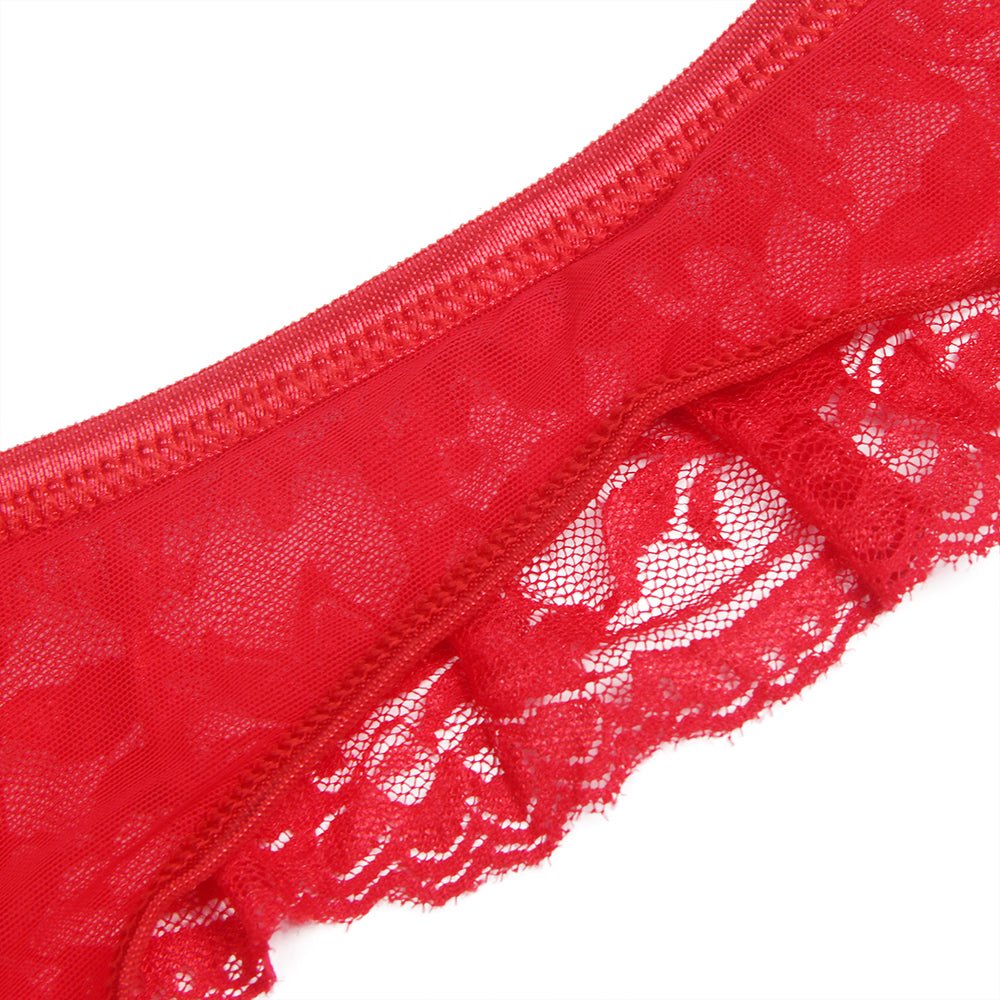 Red Mesh Lace Garter Panty – Lace Waistband, Adjustable Back Closure, Four Elastic Garter Straps & Thong - Style Back - TeaseFashion