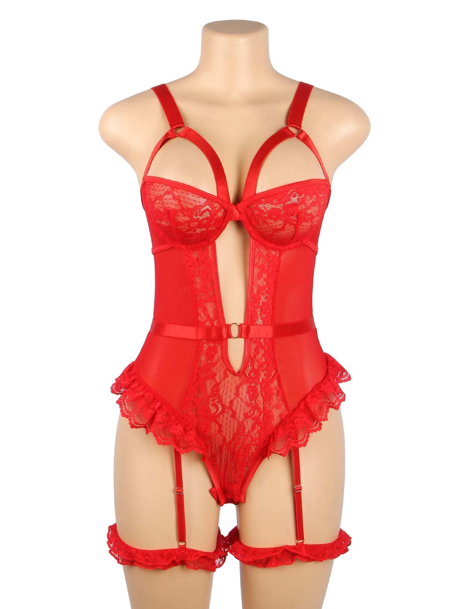 Red Mesh & Lace Teddy with Ruffle Leg Rings & Hollow Back - TeaseFashion