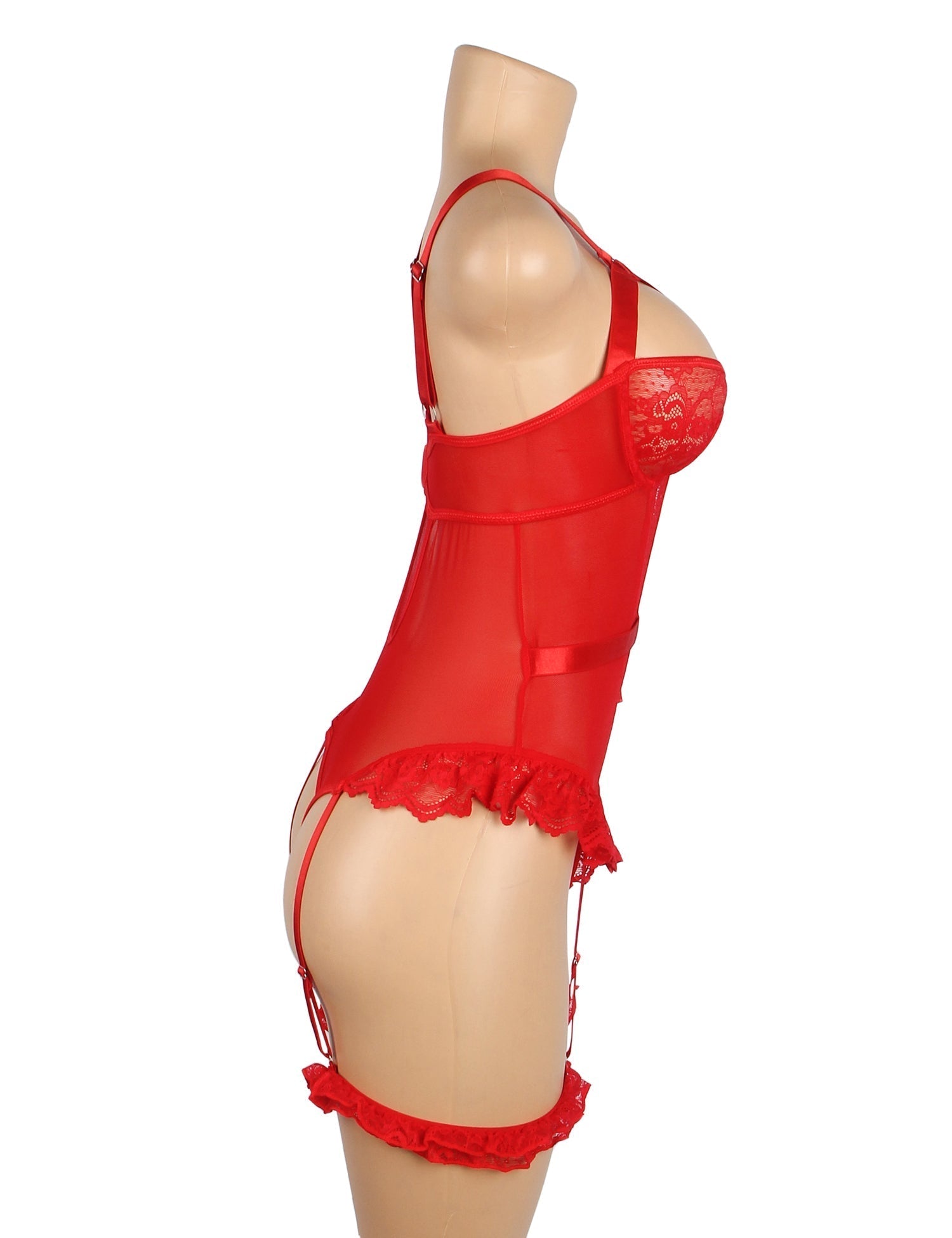 Red Mesh & Lace Teddy with Ruffle Leg Rings & Hollow Back - TeaseFashion