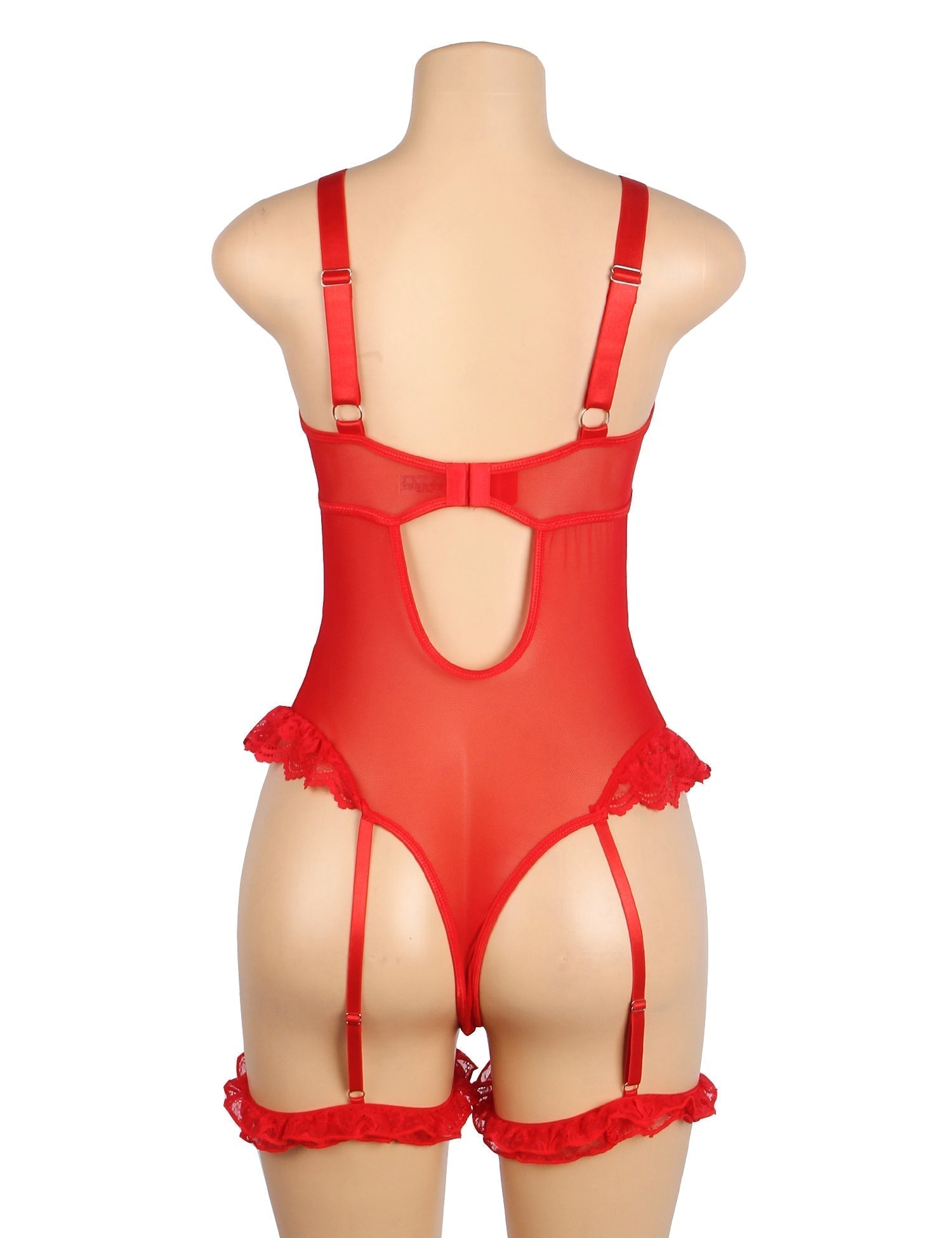 Red Mesh & Lace Teddy with Ruffle Leg Rings & Hollow Back - TeaseFashion